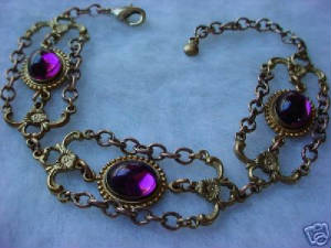 A Victorian Design Bracelet Using Our Old Brass Jeweled Connectors, Hand Oxidized 4 Ring Connectors And Hand Oxidized Vintage Chain. The Cabochons Are 10x8 Vintage Swarovski Crystal Amethyst.