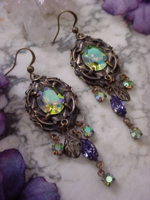 Earrings Made From Vintage 12x10 Swarovski Crystal Peridot AB Rhinestones Set In Oxidized Brass 12x10 Lace Edge Settings With Oxidized Brass Vintage Swarovski Crystal Drops 