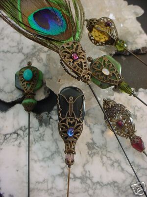Examples Of Hat Pins Made From Our Hand Oxidized Brass Hat Pin Findings And Various Old Stones, Filigrees And Bead Caps